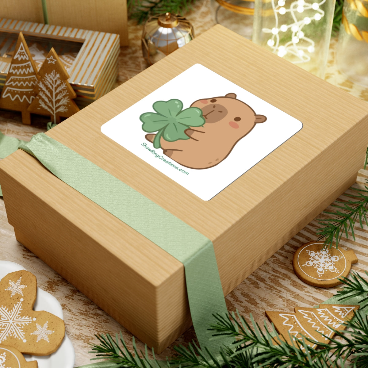 Cute Capybara Sticker — Kawaii Animal Holding 4-H-Like Four-Leaf Clover with ShowRingCreations.com Text Underneath