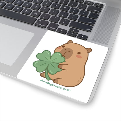 Cute Capybara Sticker — Kawaii Animal Holding 4-H-Like Four-Leaf Clover with ShowRingCreations.com Text Underneath