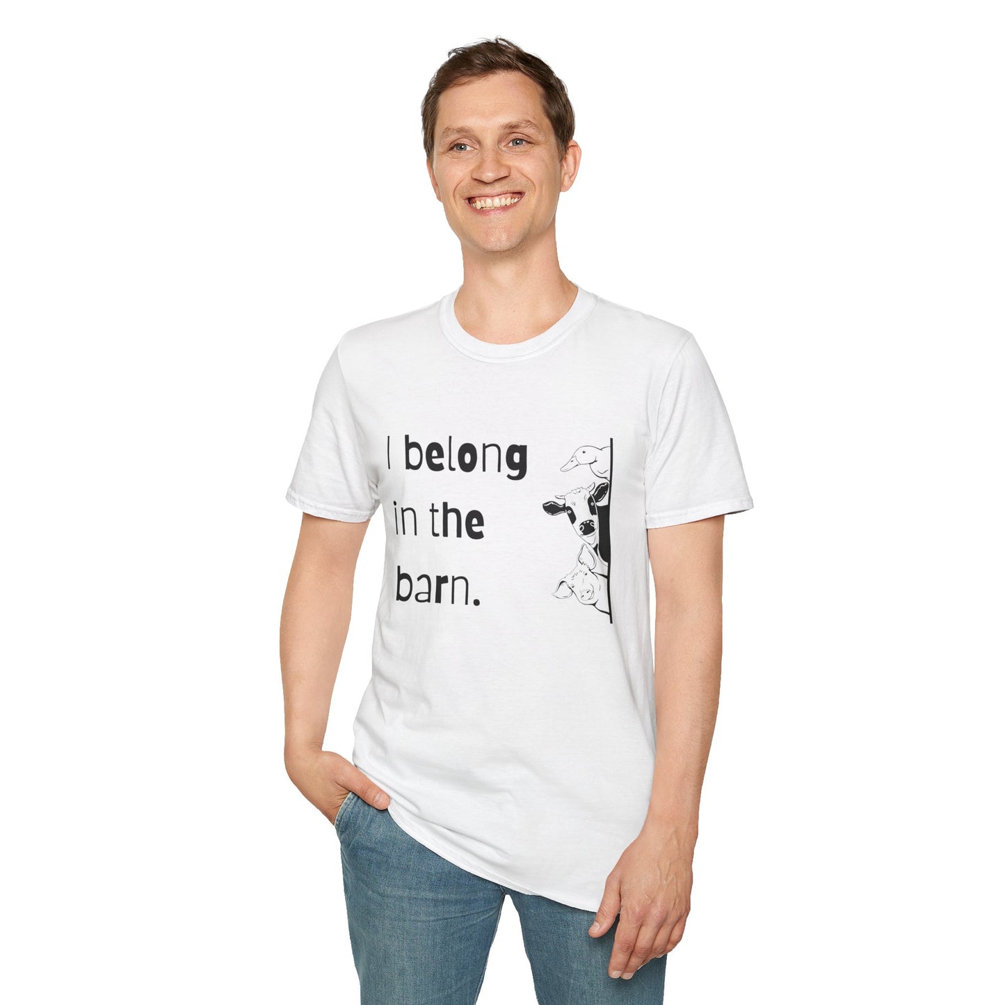 I Belong in the Barn Unisex Softstyle T-Shirt, Farm Life Tee, Animal Lover Gift, Casual Wear, Unique Graphic Top