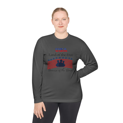 Patriotic Long Sleeve Lightweight Tee - USA Land of the Free, Because of the Brave, Independence Day Gift, Veterans Day, Americana Apparel