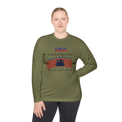 Patriotic Long Sleeve Lightweight Tee - USA Land of the Free, Because of the Brave, Independence Day Gift, Veterans Day, Americana Apparel