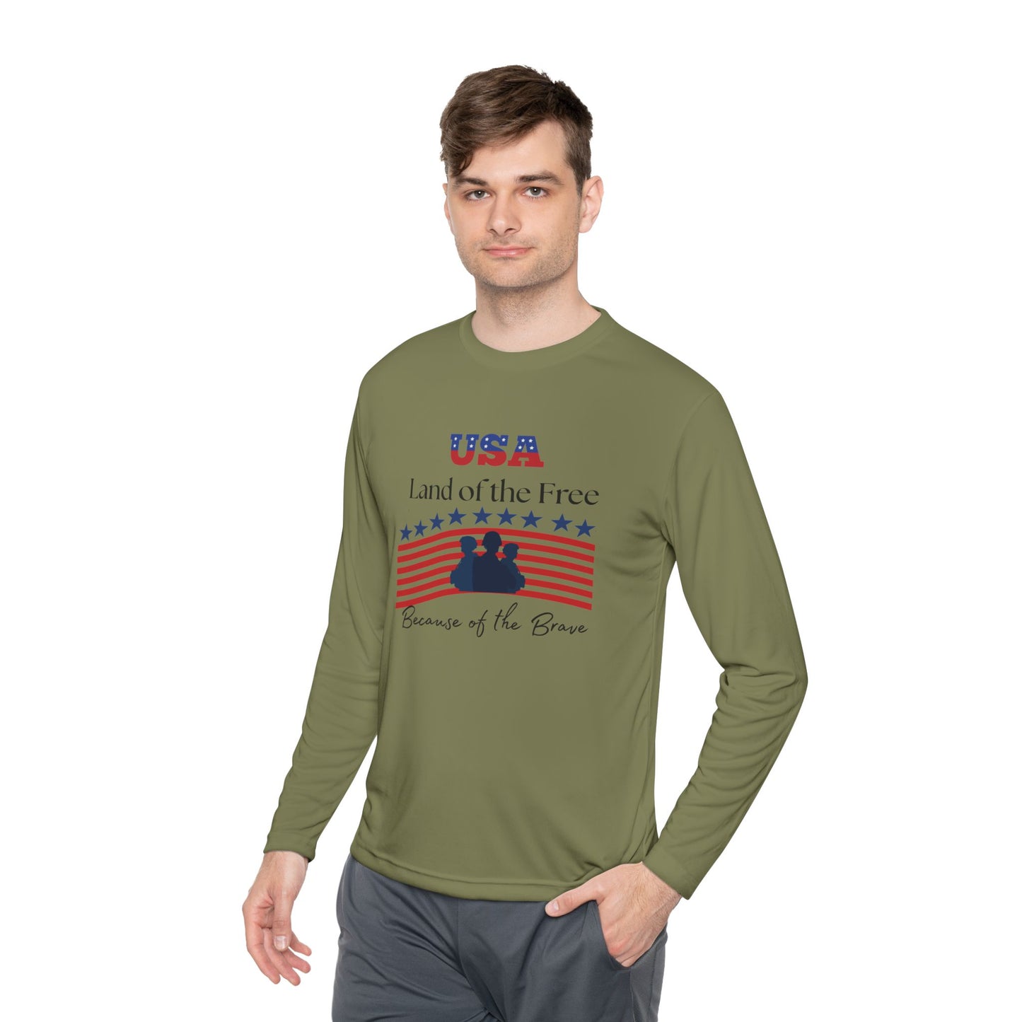 Patriotic Long Sleeve Lightweight Tee - USA Land of the Free, Because of the Brave, Independence Day Gift, Veterans Day, Americana Apparel
