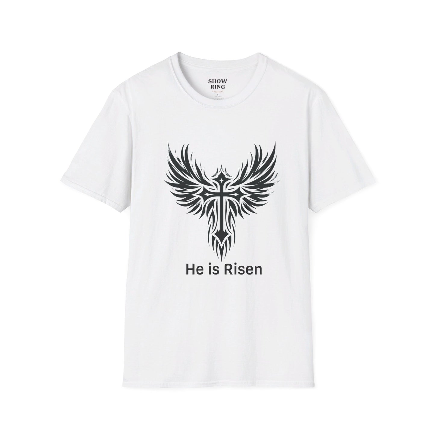 He is Risen T-shirt with Celtic Christian Cross: Unisex Softstyle T-Shirt for Motorcycle Riders, Men, Women and Children