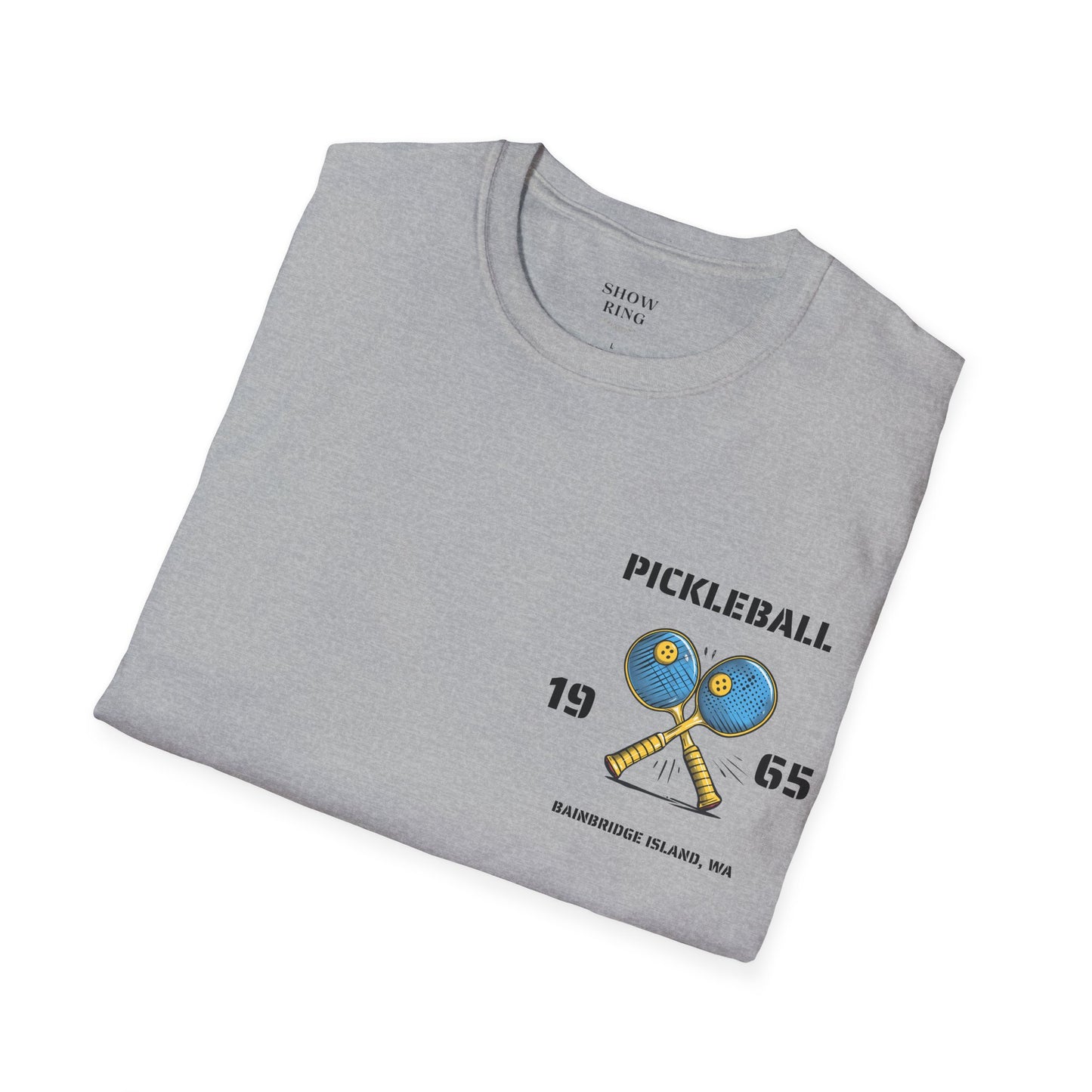 Pickleball Origins 1965, Bainbridge Island, WA.  Unisex Soft style T-Shirt for Men and Women.